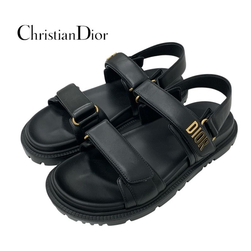 Christian Dioract Sandals Shoes Leather Black Unused Logo Flat