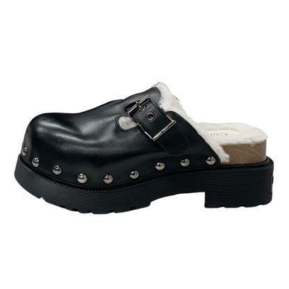 Christian DIOR Quake Sandals Shoes Leather Mouton Wood Black White Unused Mule