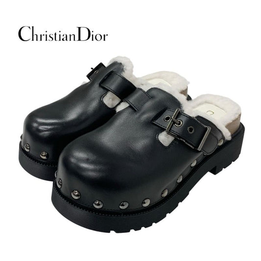 Christian DIOR Quake Sandals Shoes Leather Mouton Wood Black White Unused Mule