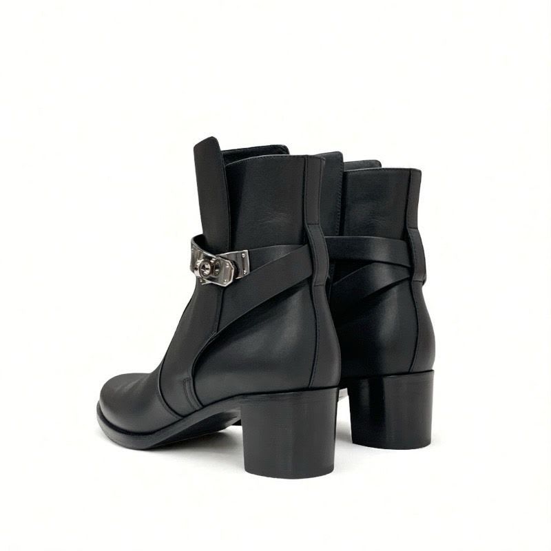 Hermes Frenchie Boots Short Shoes Leather Black Silver Kelly Hardware