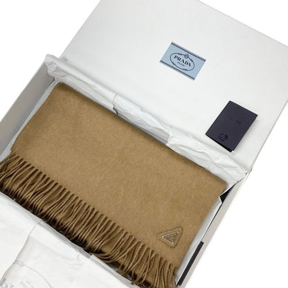 Prada Scarf Silk Camel Silver Triangle Logo Shawl