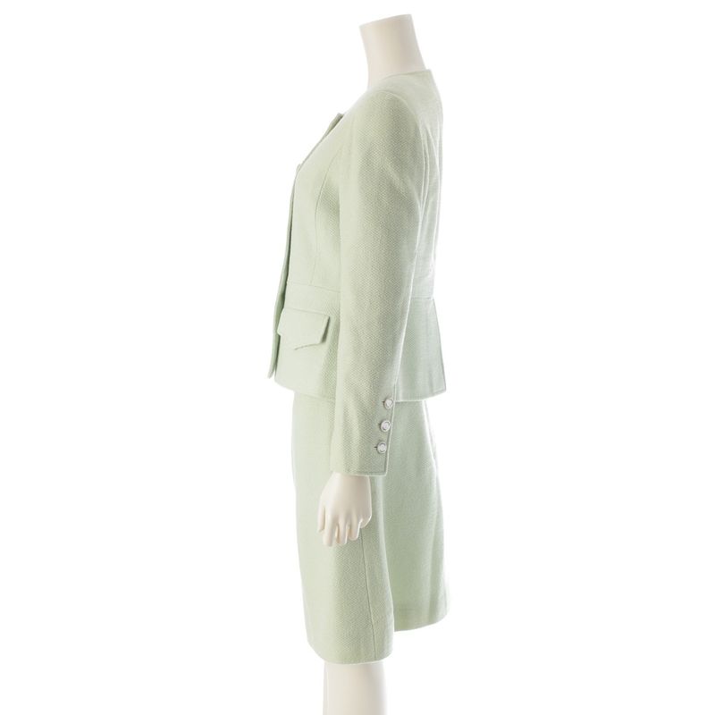 Chanel 97p Wool Silk Collarless Jacket Skirt Set-Up P07187 Light Green 38