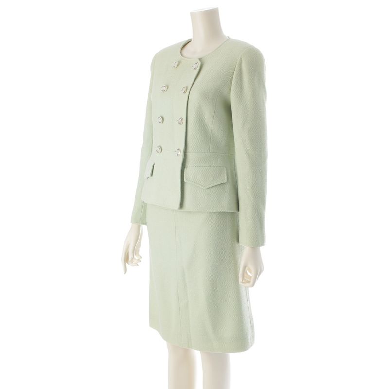Chanel 97p Wool Silk Collarless Jacket Skirt Set-Up P07187 Light Green 38
