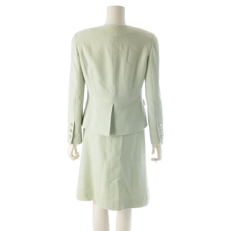 Chanel 97p Wool Silk Collarless Jacket Skirt Set-Up P07187 Light Green 38