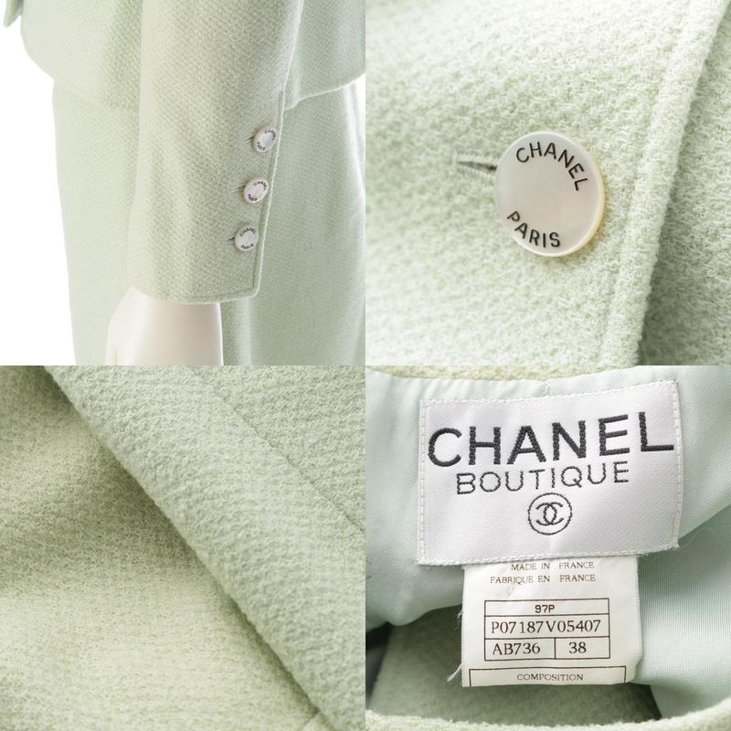 Chanel 97p Wool Silk Collarless Jacket Skirt Set-Up P07187 Light Green 38