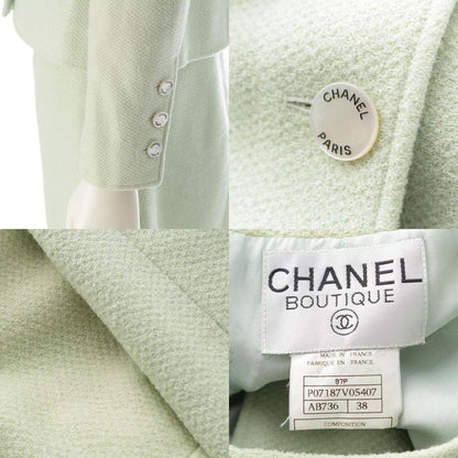 Chanel 97p Wool Silk Collarless Jacket Skirt Set-Up P07187 Light Green 38