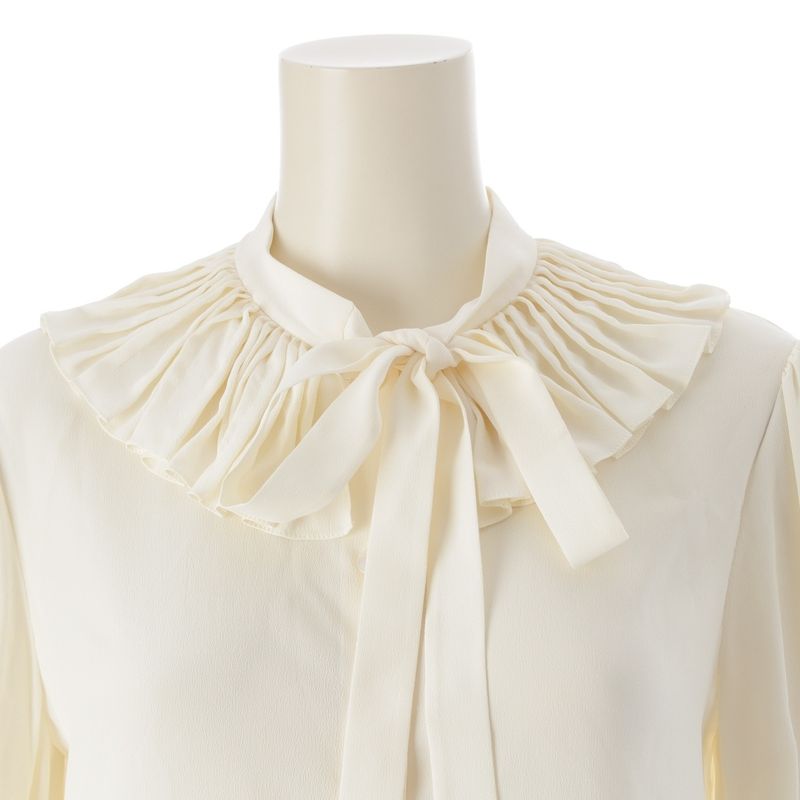 Celine Silk Pleated Collar Bow Blouse Short Sleeves Top 2b485008d Ivory 36