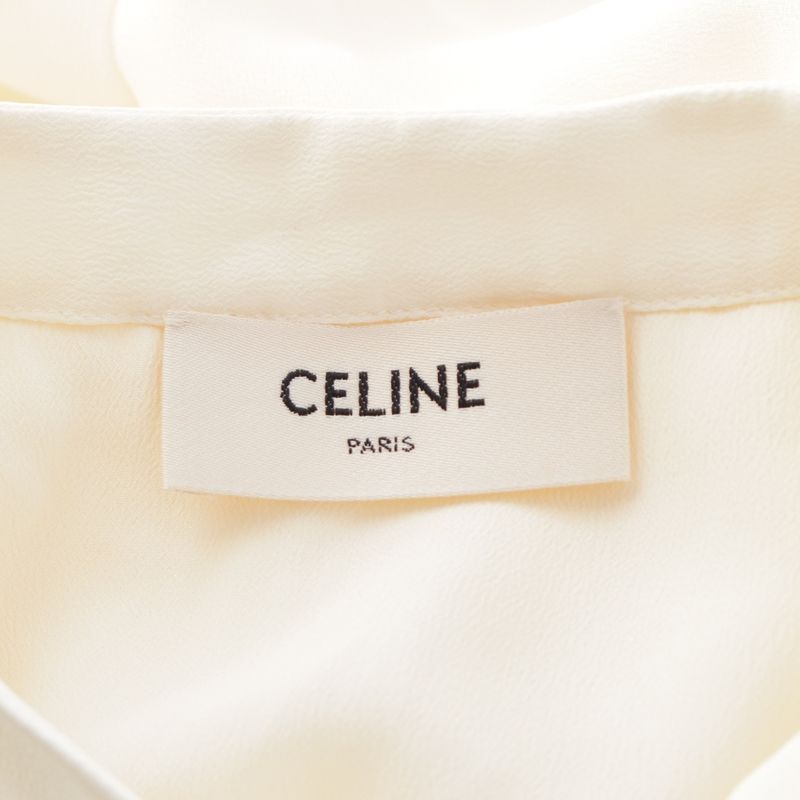 Celine Silk Pleated Collar Bow Blouse Short Sleeves Top 2b485008d Ivory 36