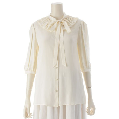 Celine Silk Pleated Collar Bow Blouse Short Sleeves Top 2b485008d Ivory 36