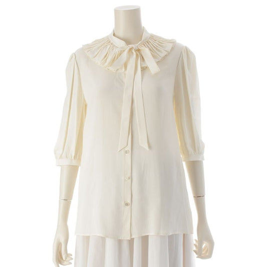 Celine Silk Pleated Collar Bow Blouse Short Sleeves Top 2b485008d Ivory 36