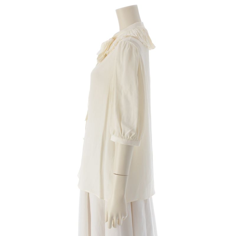 Celine Silk Pleated Collar Bow Blouse Short Sleeves Top 2b485008d Ivory 36