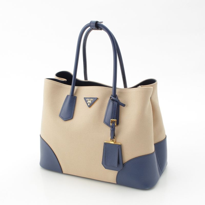 Prada Canapa Saffiano Double Bag Handbag B2756t Navy Beige