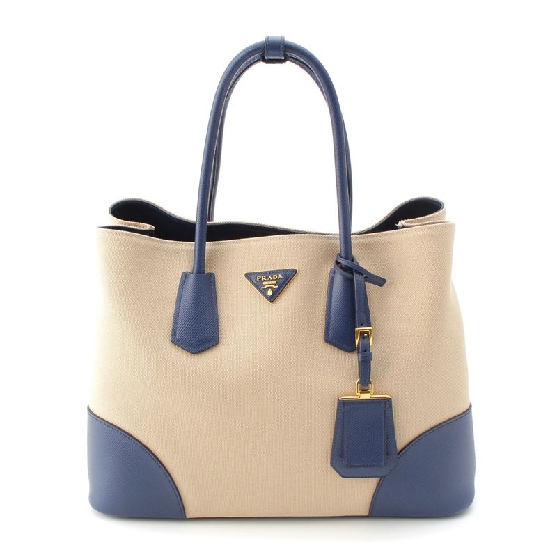 Prada Canapa Saffiano Double Bag Handbag B2756t Navy Beige