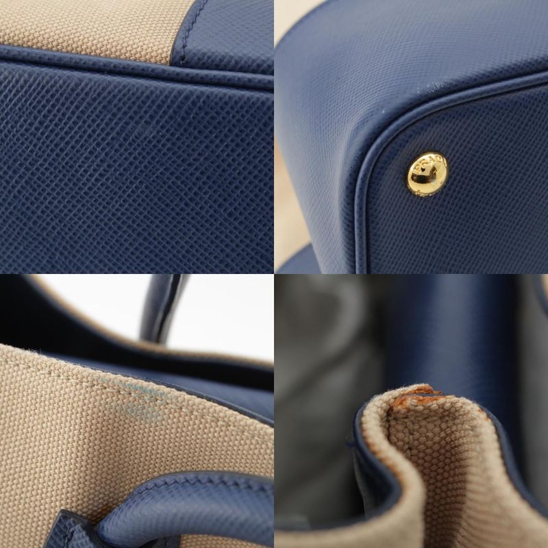 Prada Canapa Saffiano Double Bag Handbag B2756t Navy Beige