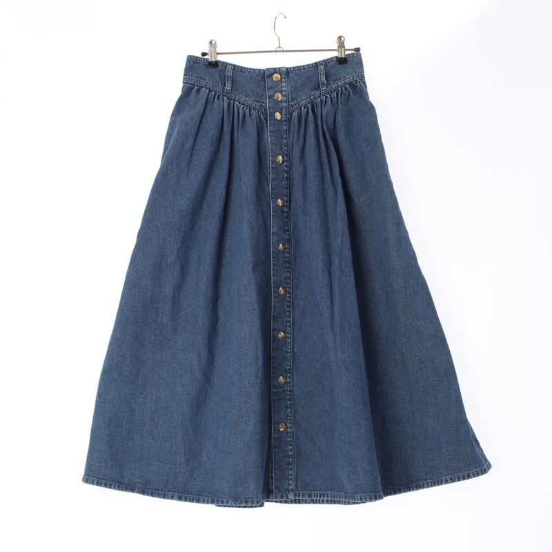 Celine Carriage Gold Button Front Opening Denim Long Skirt Bottoms Blue 26