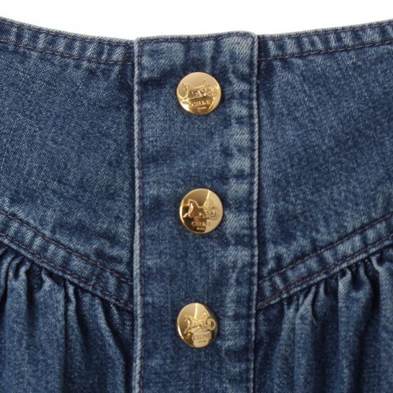 Celine Carriage Gold Button Front Opening Denim Long Skirt Bottoms Blue 26
