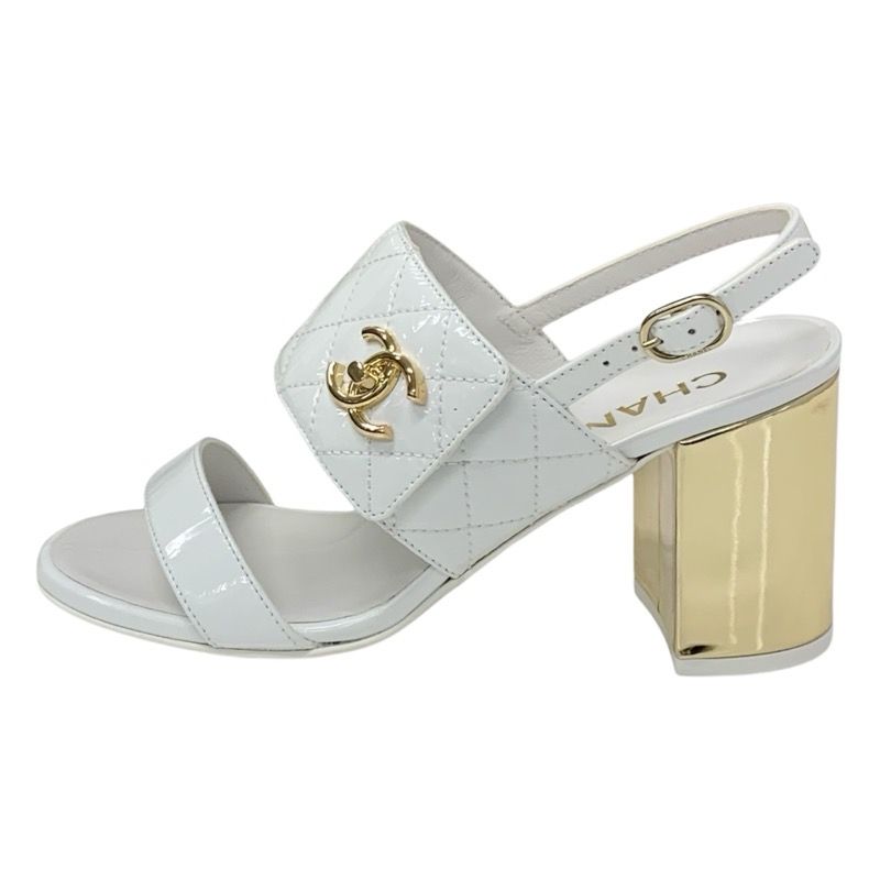 Chanel Sandals Shoes Patent White Gold Matelasse Coco Mark Turnlock Strap