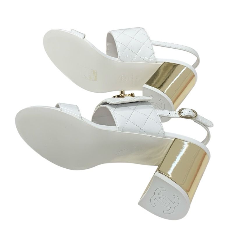 Chanel Sandals Shoes Patent White Gold Matelasse Coco Mark Turnlock Strap