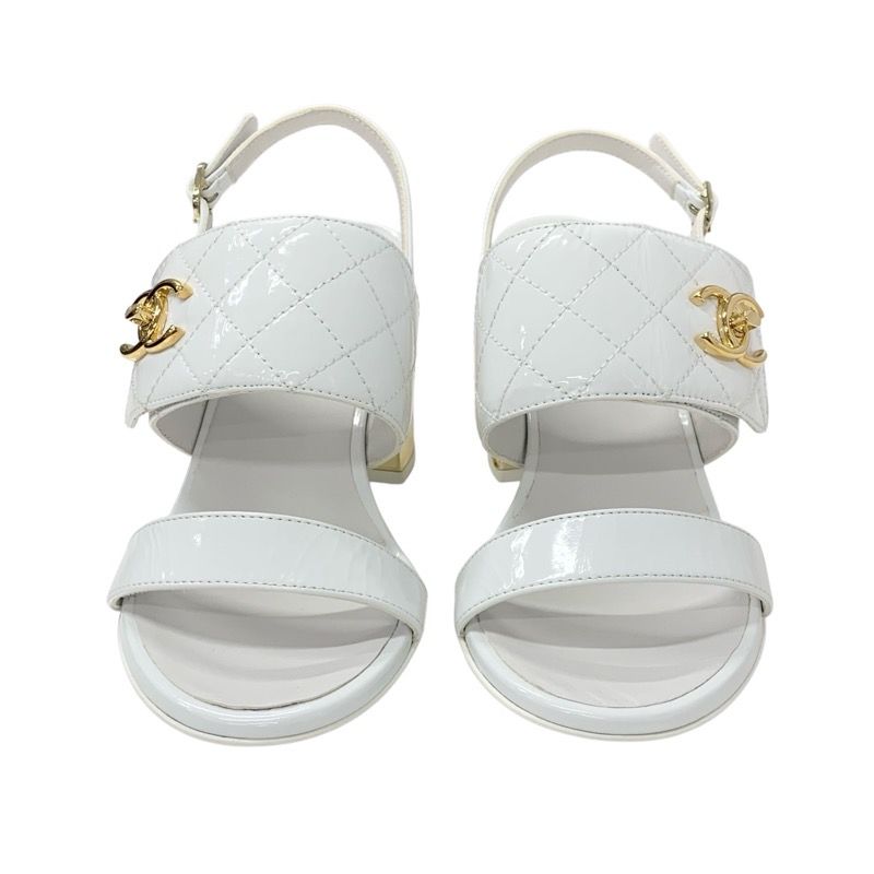 Chanel Sandals Shoes Patent White Gold Matelasse Coco Mark Turnlock Strap