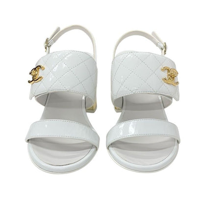 Chanel Sandals Shoes Patent White Gold Matelasse Coco Mark Turnlock Strap