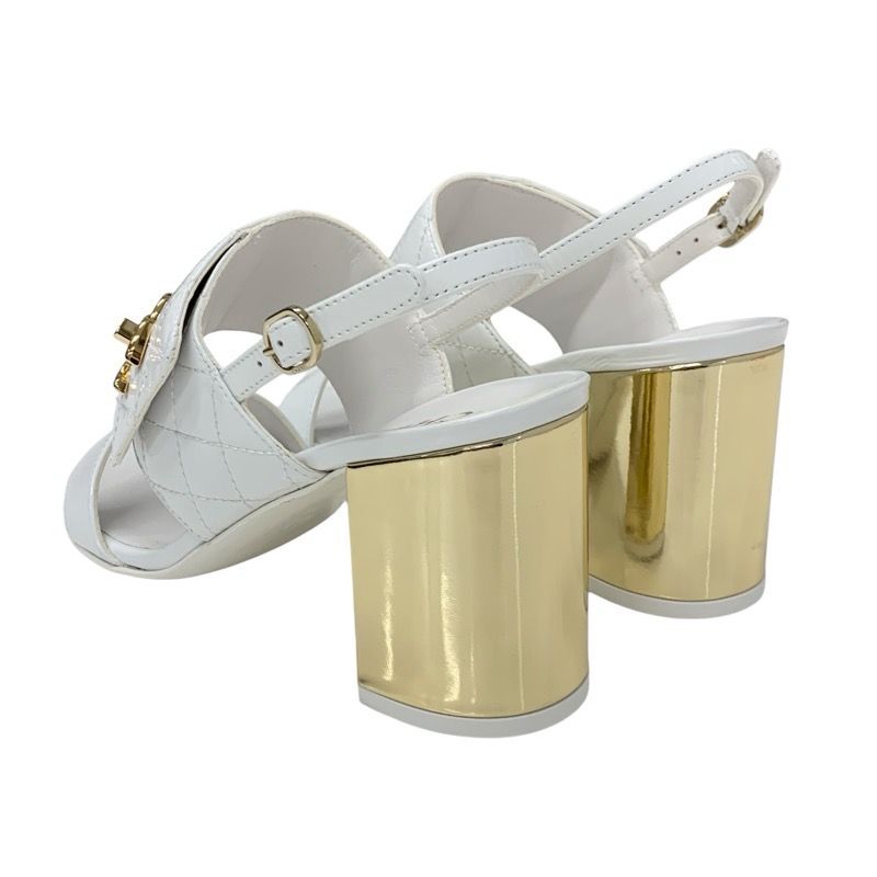 Chanel Sandals Shoes Patent White Gold Matelasse Coco Mark Turnlock Strap