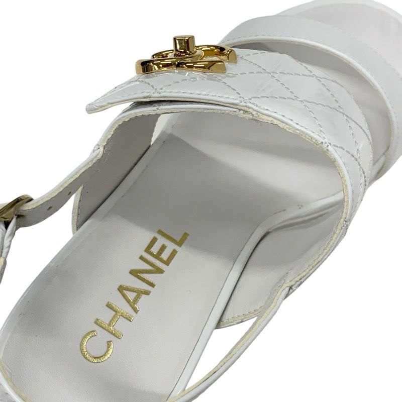 Chanel Sandals Shoes Patent White Gold Matelasse Coco Mark Turnlock Strap