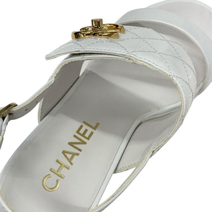 Chanel Sandals Shoes Patent White Gold Matelasse Coco Mark Turnlock Strap