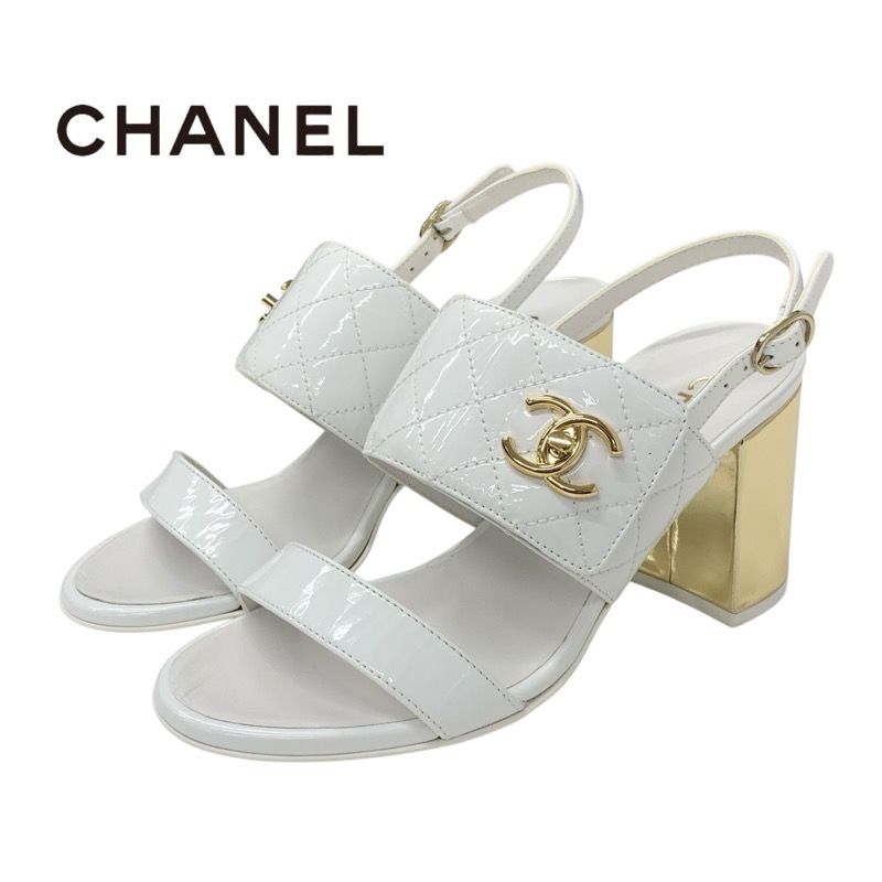Chanel Sandals Shoes Patent White Gold Matelasse Coco Mark Turnlock Strap