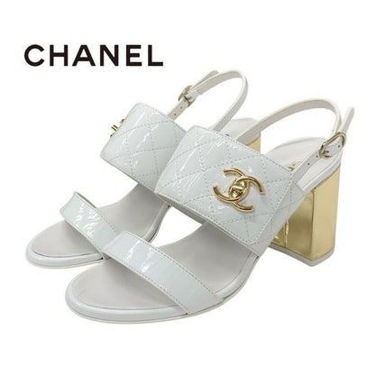 Chanel Sandals Shoes Patent White Gold Matelasse Coco Mark Turnlock Strap