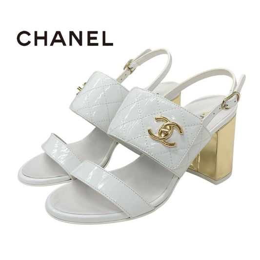 Chanel Sandals Shoes Patent White Gold Matelasse Coco Mark Turnlock Strap
