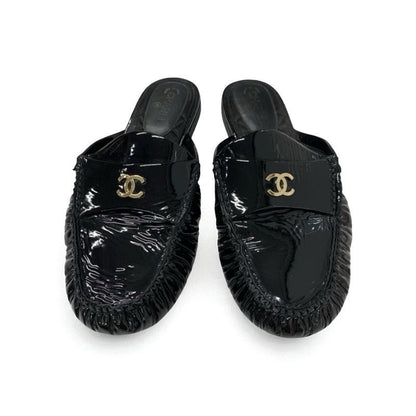 Chanel Flat Shoes Patent Black Here Mark Mules