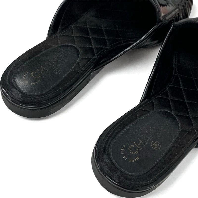 Chanel Flat Shoes Patent Black Here Mark Mules