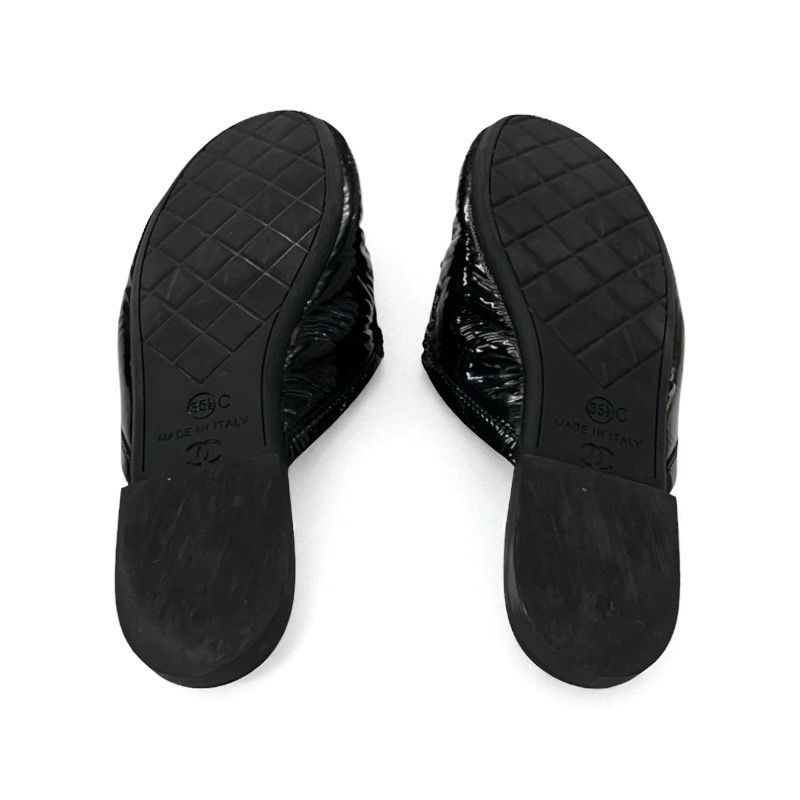 Chanel Flat Shoes Patent Black Here Mark Mules