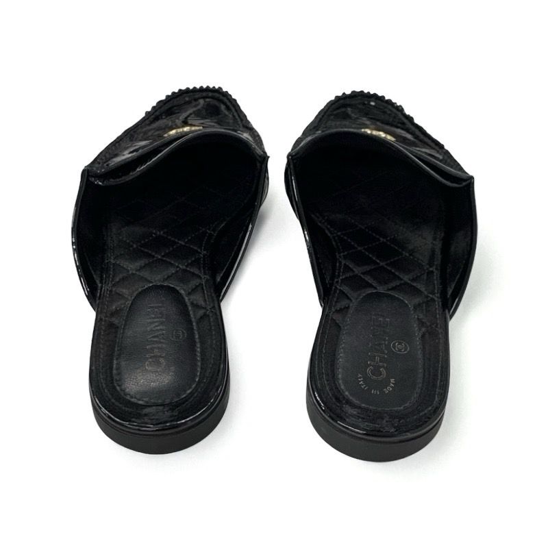 Chanel Flat Shoes Patent Black Here Mark Mules