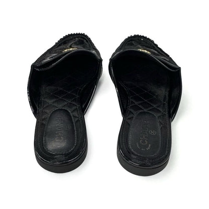 Chanel Flat Shoes Patent Black Here Mark Mules