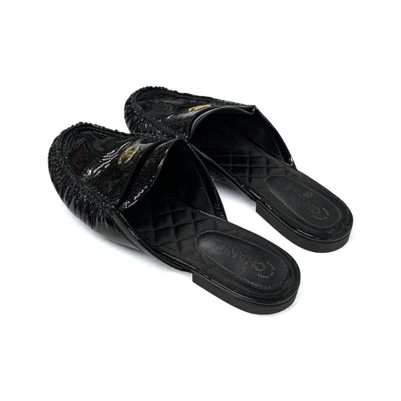 Chanel Flat Shoes Patent Black Here Mark Mules