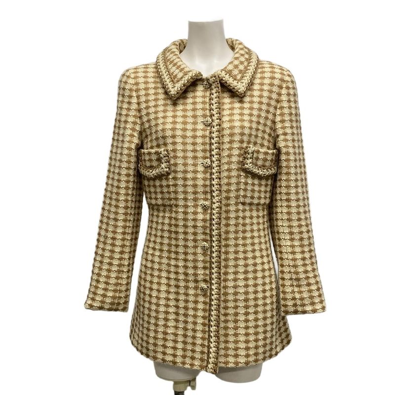 Chanel Coat Size 36 S Women - P16535 Ivory and Brown Long Sleeves Knit Fall
