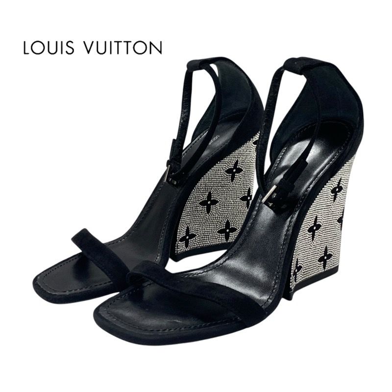 Louis Vuitton Appeal Line Monogram Sandals Shoes Suede Black Silver Rhinestone