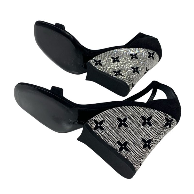 Louis Vuitton Appeal Line Monogram Sandals Shoes Suede Black Silver Rhinestone