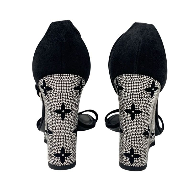 Louis Vuitton Appeal Line Monogram Sandals Shoes Suede Black Silver Rhinestone