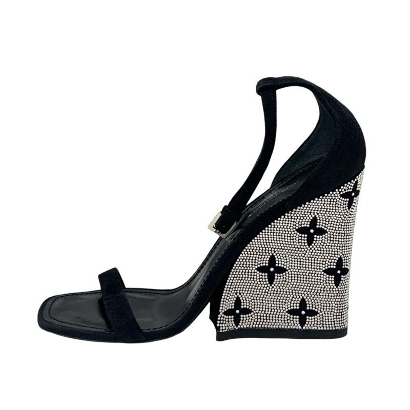 Louis Vuitton Appeal Line Monogram Sandals Shoes Suede Black Silver Rhinestone
