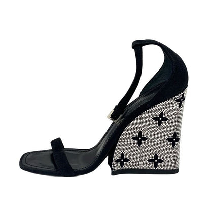 Louis Vuitton Appeal Line Monogram Sandals Shoes Suede Black Silver Rhinestone