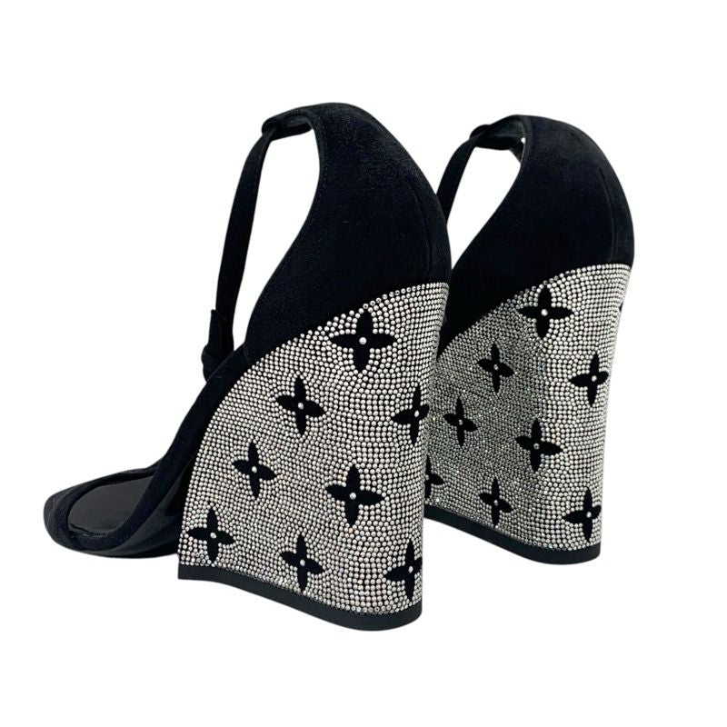 Louis Vuitton Appeal Line Monogram Sandals Shoes Suede Black Silver Rhinestone