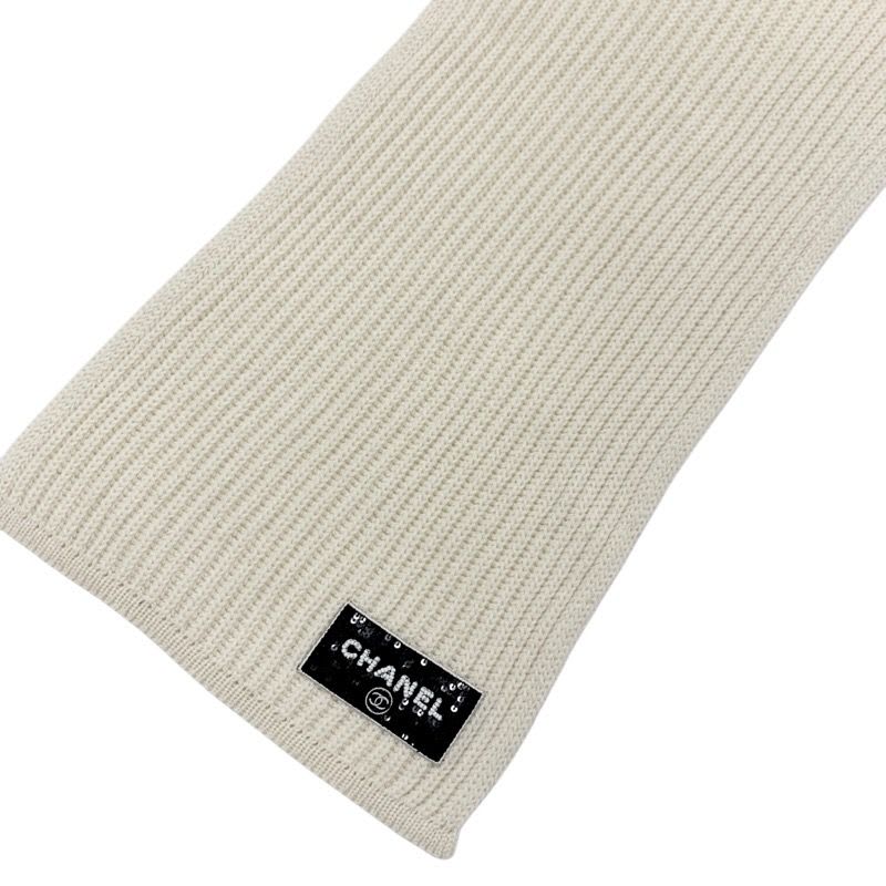 Chanel Muffler Cashmere White Black Coco Mark Logo Sequins Scarf