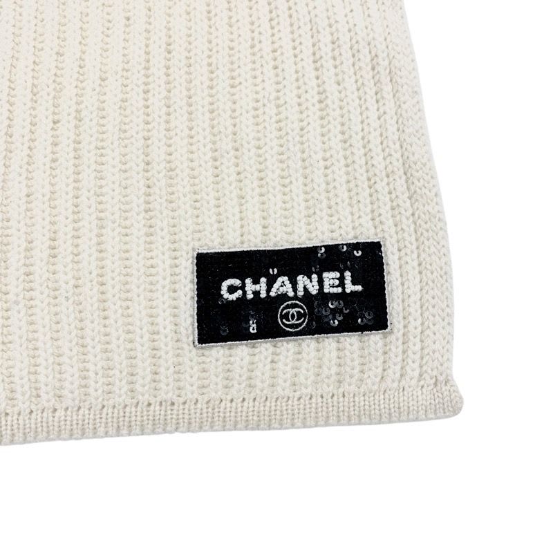Chanel Muffler Cashmere White Black Coco Mark Logo Sequins Scarf