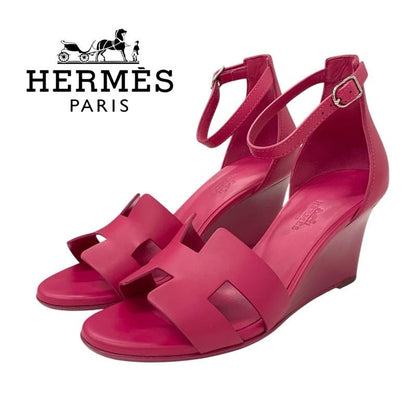 Hermes Legend Sandals Shoes Leather Pink Wedge Sole Ankle Strap