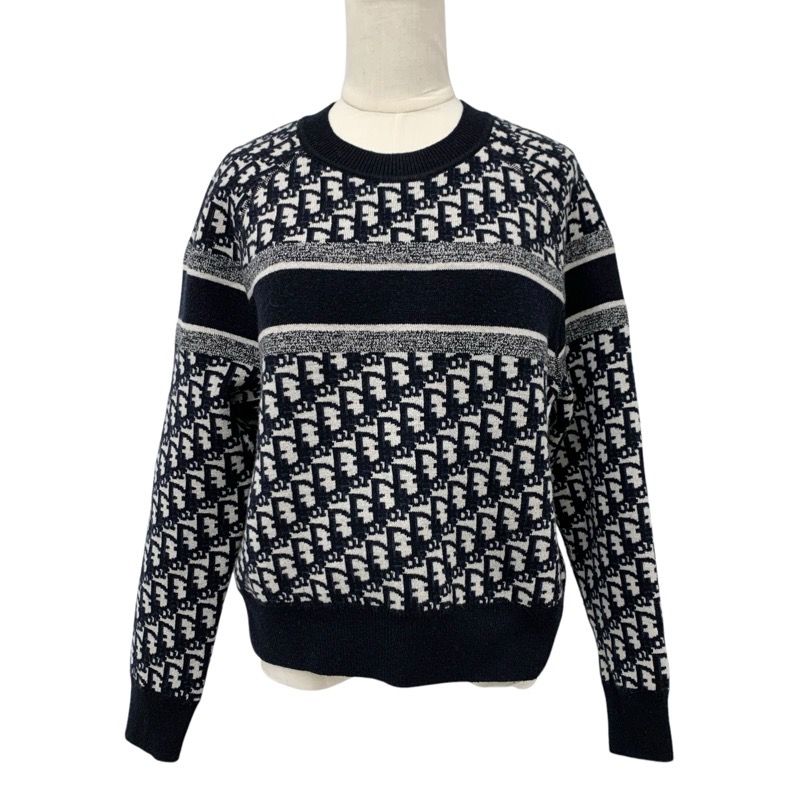 Christian DIOR Tops Cashmere Navy White Reversible Round Neck Sweater Oblique