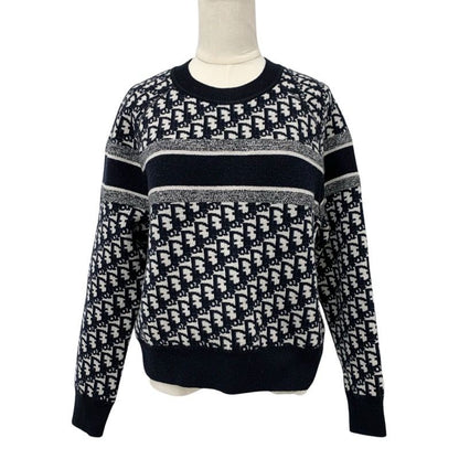 Christian DIOR Tops Cashmere Navy White Reversible Round Neck Sweater Oblique