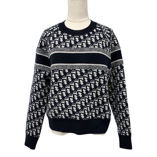 Christian DIOR Tops Cashmere Navy White Reversible Round Neck Sweater Oblique