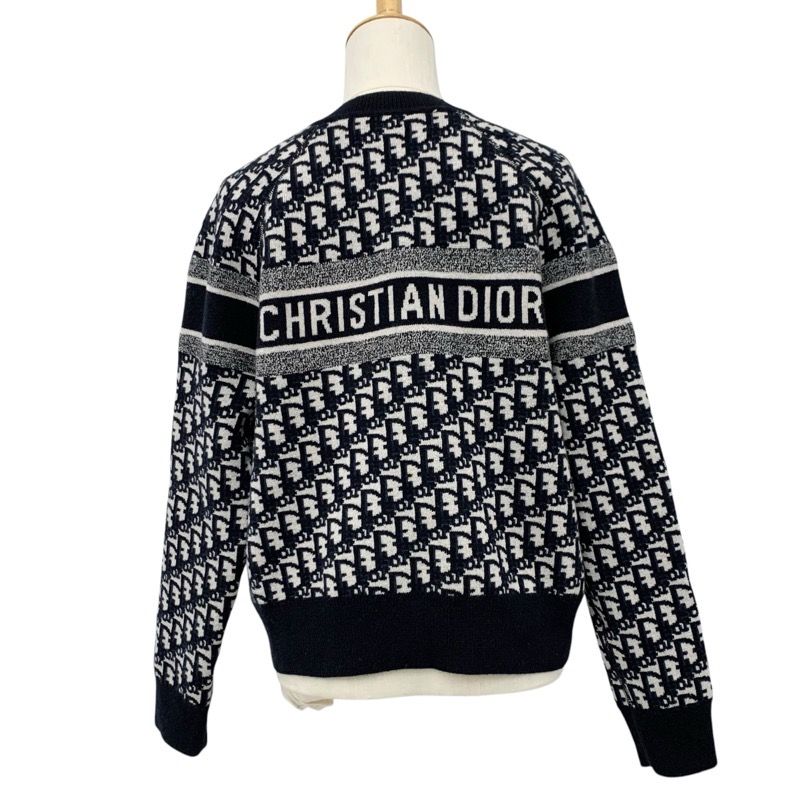 Christian DIOR Tops Cashmere Navy White Reversible Round Neck Sweater Oblique